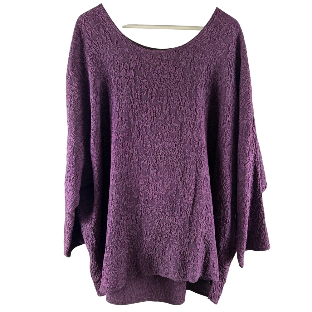 URU 100% Silk Crinkle Floral Jacquard Tunic Top XL Purple Oversized USA Artsy